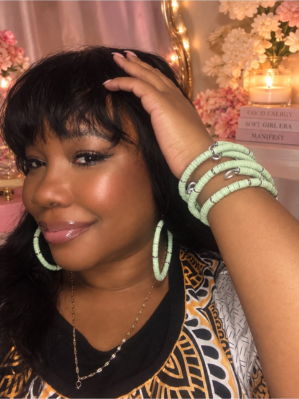 Mint Green Beaded Hoop Earrings and Bracelet Set - Women Jewelry